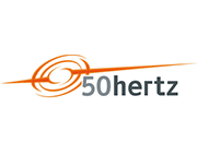 Logo von 50Hertz mit orangefarbenem Schwung